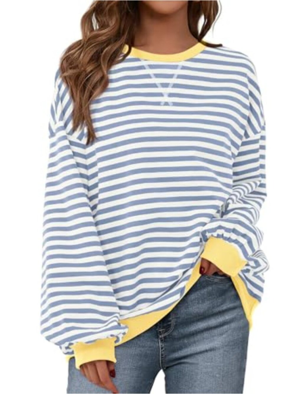 Oversized Striped Crewneck Long Sleeve Sweatshirt Loose Fit Casual Top
